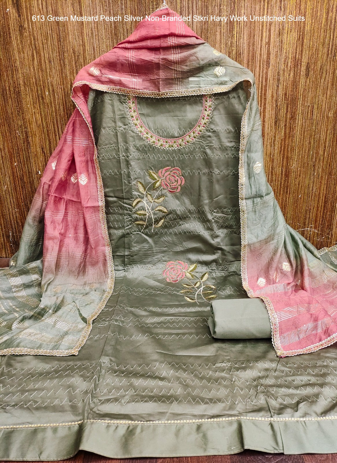 613 Green Mustard Peach Silver Non-Branded Stkri Havy Work Unstitched Suits