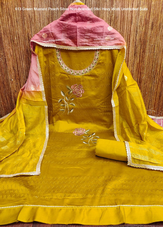 613 Green Mustard Peach Silver Non-Branded Stkri Havy Work Unstitched Suits