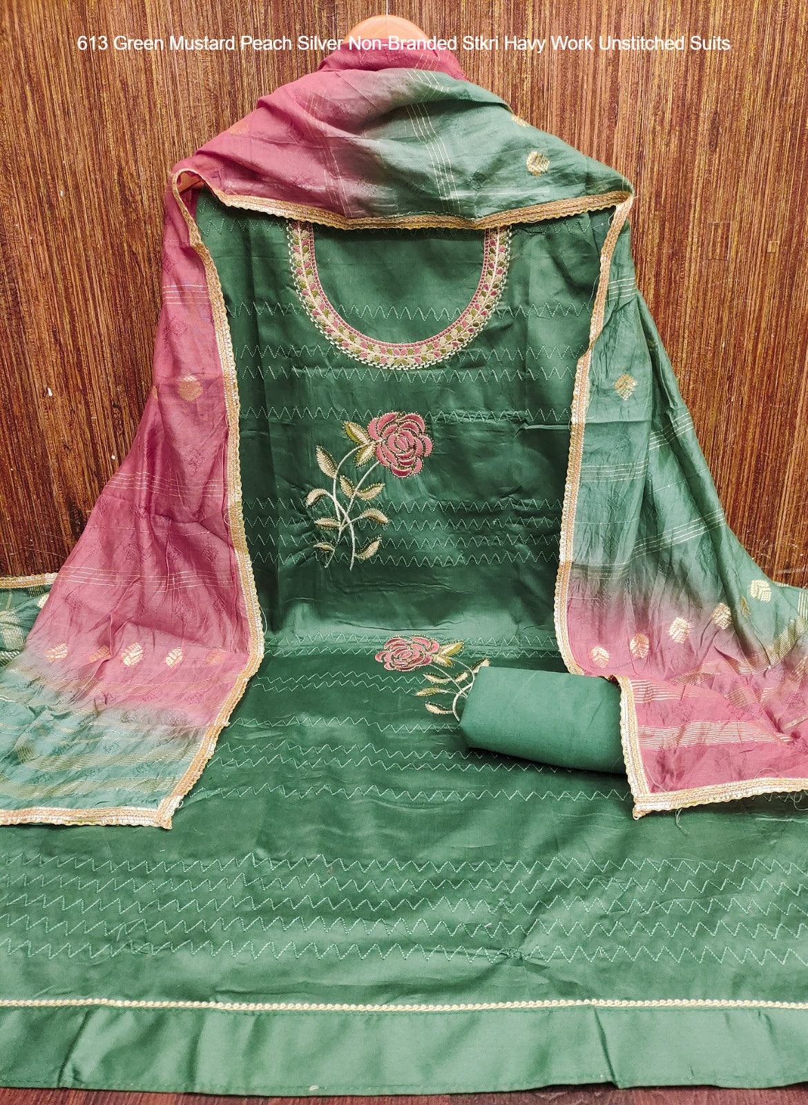 613 Green Mustard Peach Silver Non-Branded Stkri Havy Work Unstitched Suits