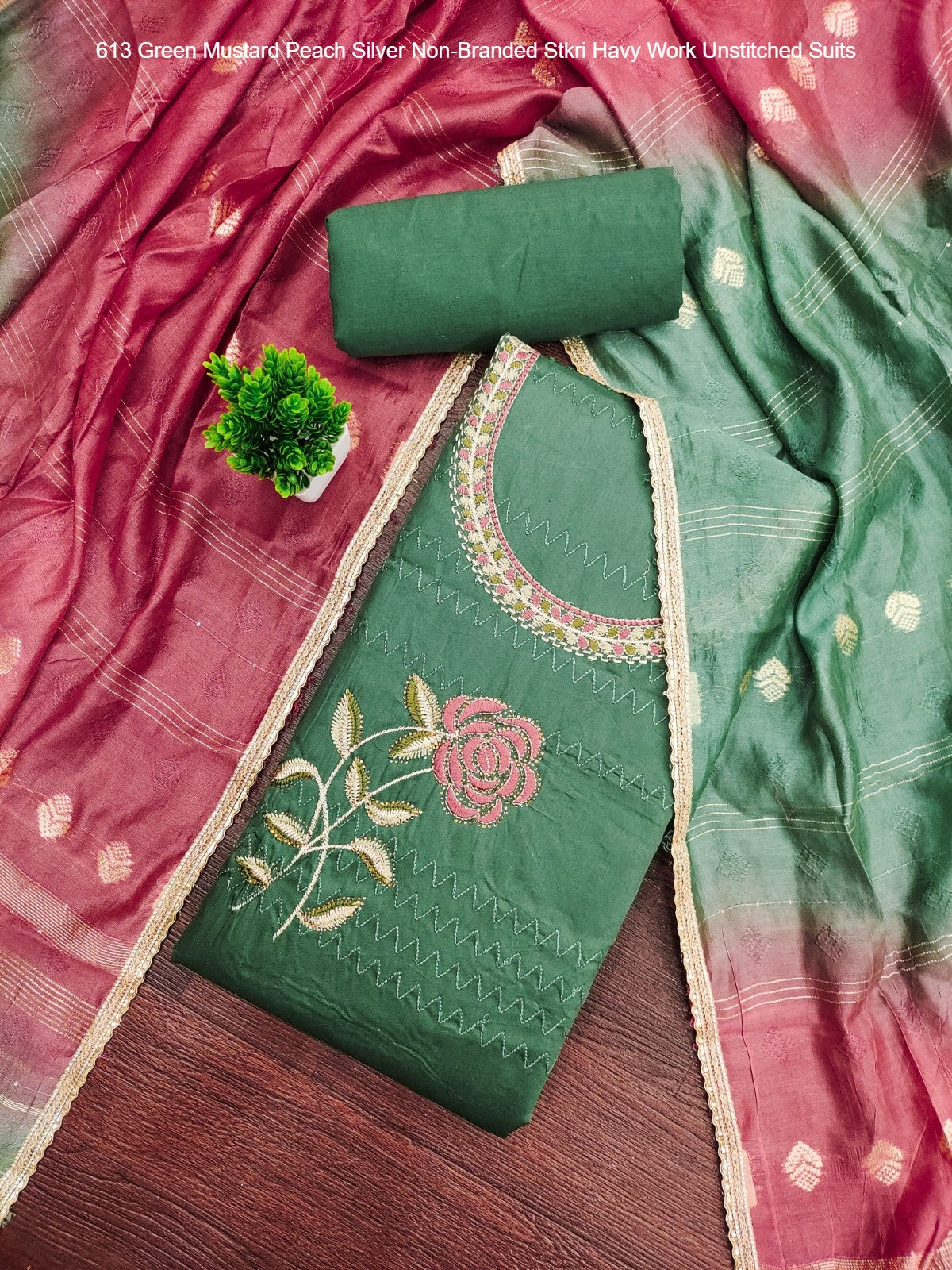 613 Green Mustard Peach Silver Non-Branded Stkri Havy Work Unstitched Suits