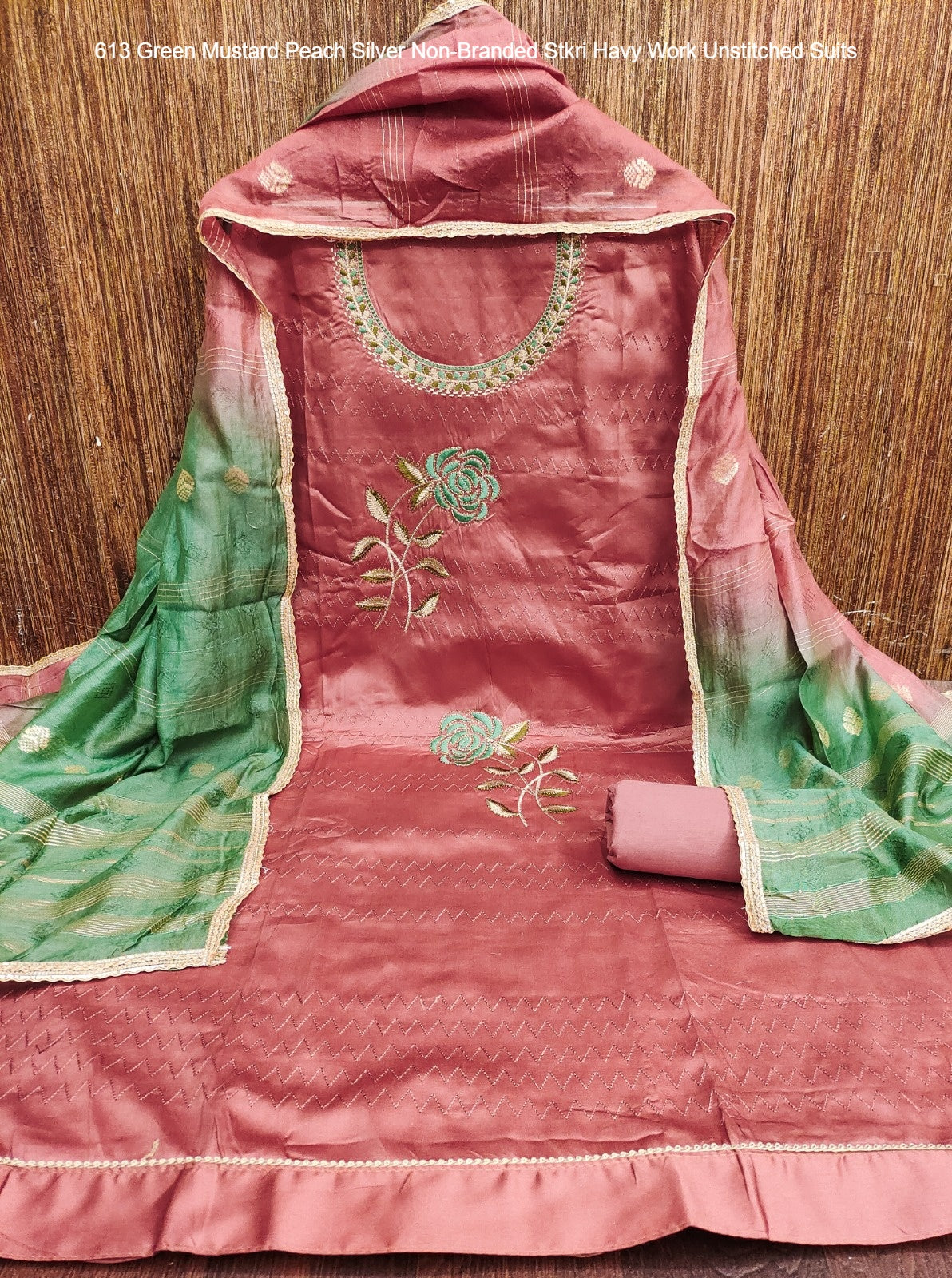613 Green Mustard Peach Silver Non-Branded Stkri Havy Work Unstitched Suits