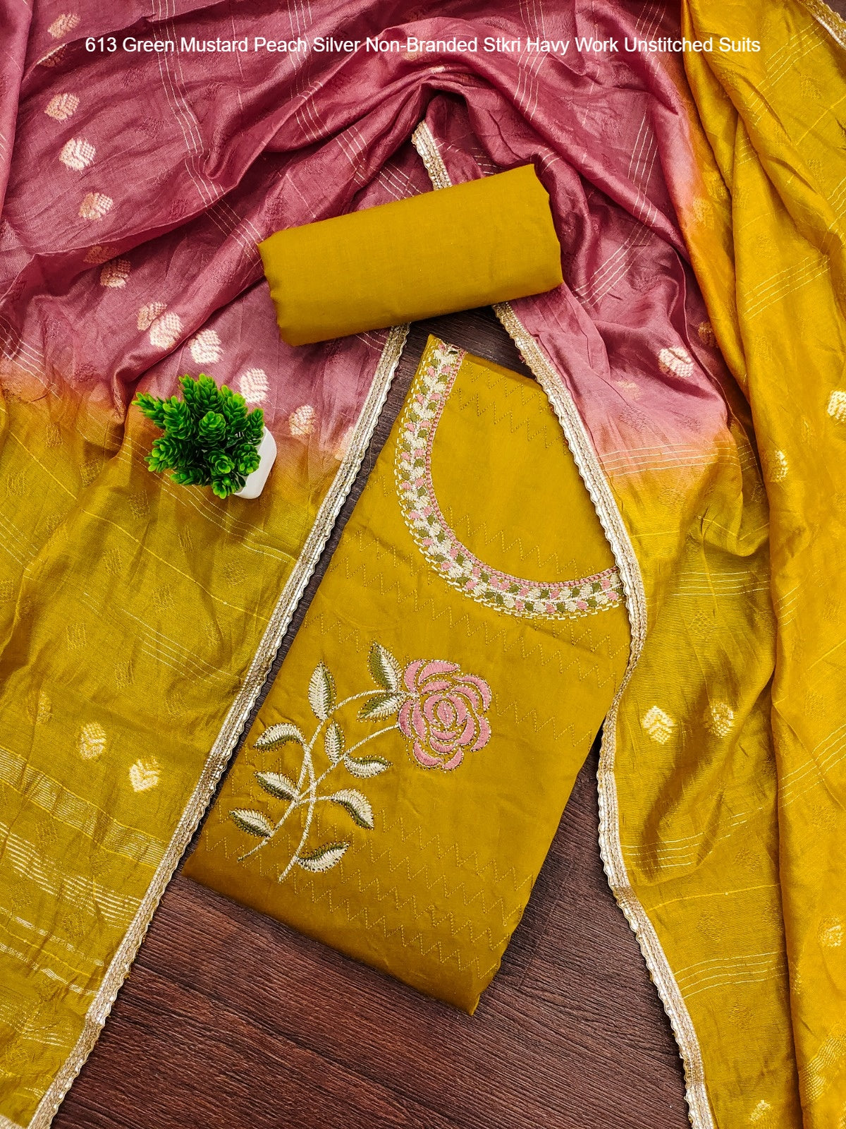 613 Green Mustard Peach Silver Non-Branded Stkri Havy Work Unstitched Suits