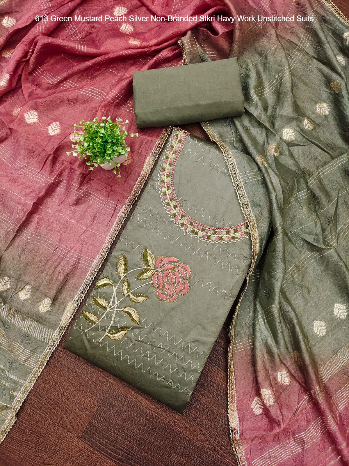 613 Green Mustard Peach Silver Non-Branded Stkri Havy Work Unstitched Suits