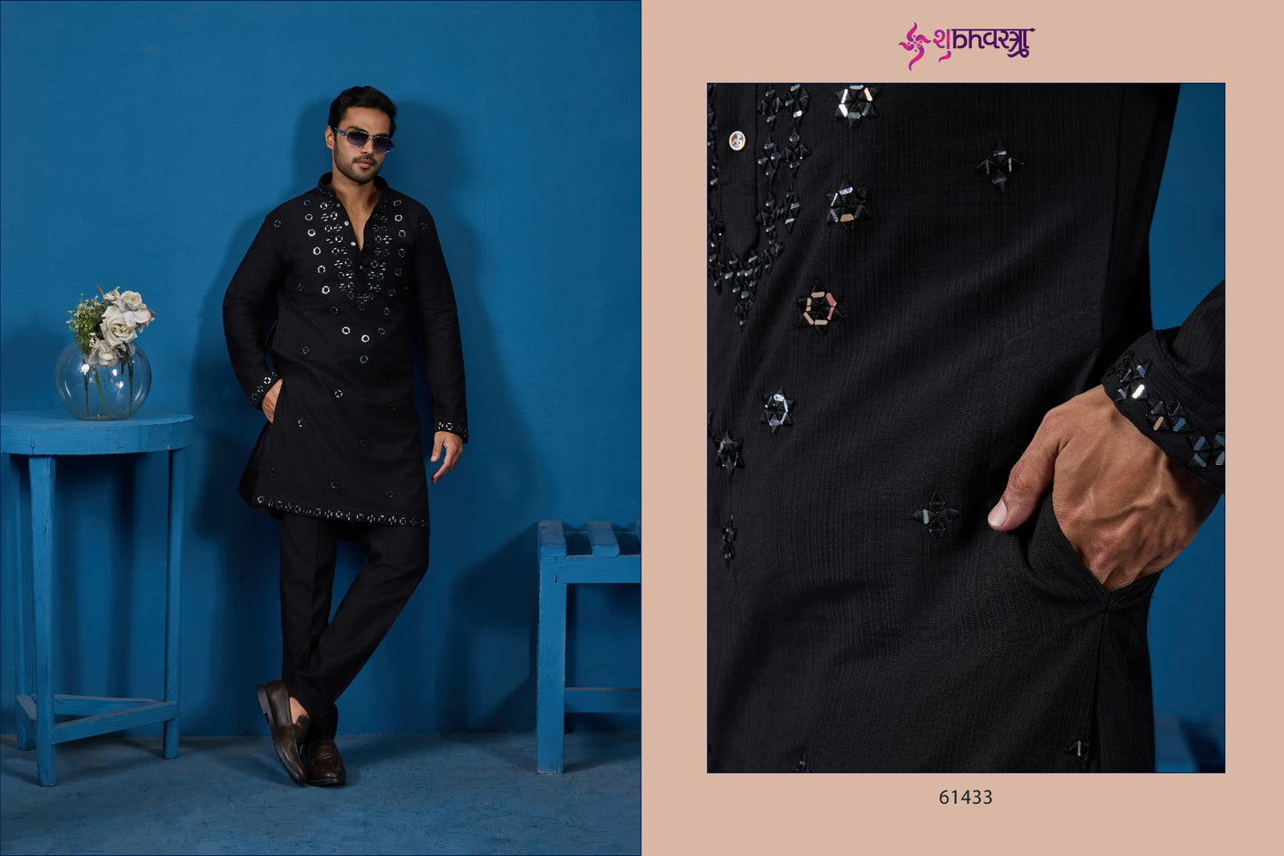 61433 Black Shubhvastra Viscose Silk Mens Kurta Pyjama