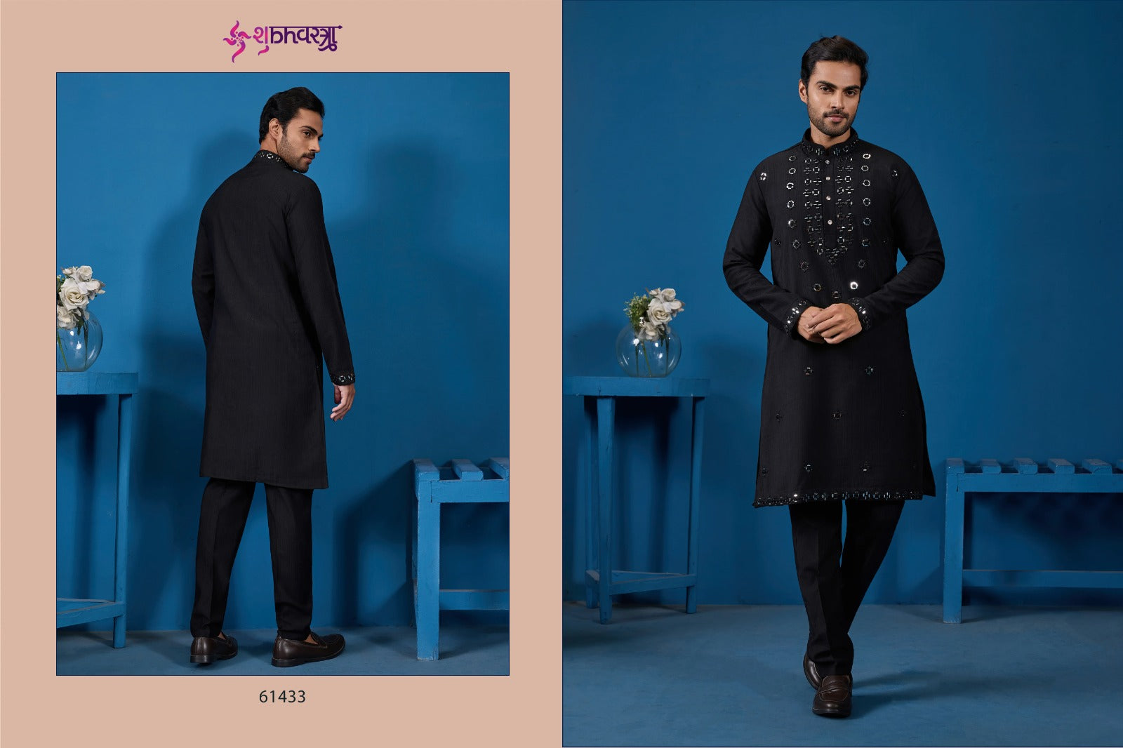61433 Black Shubhvastra Viscose Silk Mens Kurta Pyjama