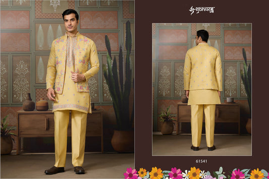 61541 Golden Viraasat Unstitch Shubhvastra With Koti Mens Kurta Pyjama