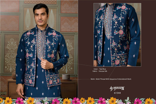 61544 Golden Viraasat Unstitch Shubhvastra With Koti Mens Kurta Pyjama