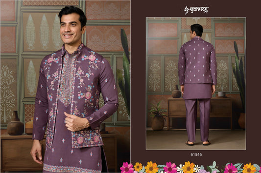 61546 Golden Viraasat Shubhvastra With Koti Mens Kurta Pyjama