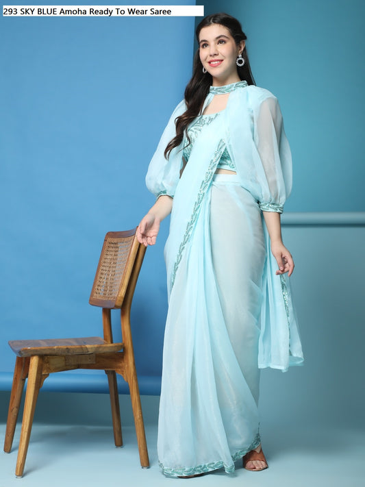 293 Sky Blue Amoha Ready To Wear Saree