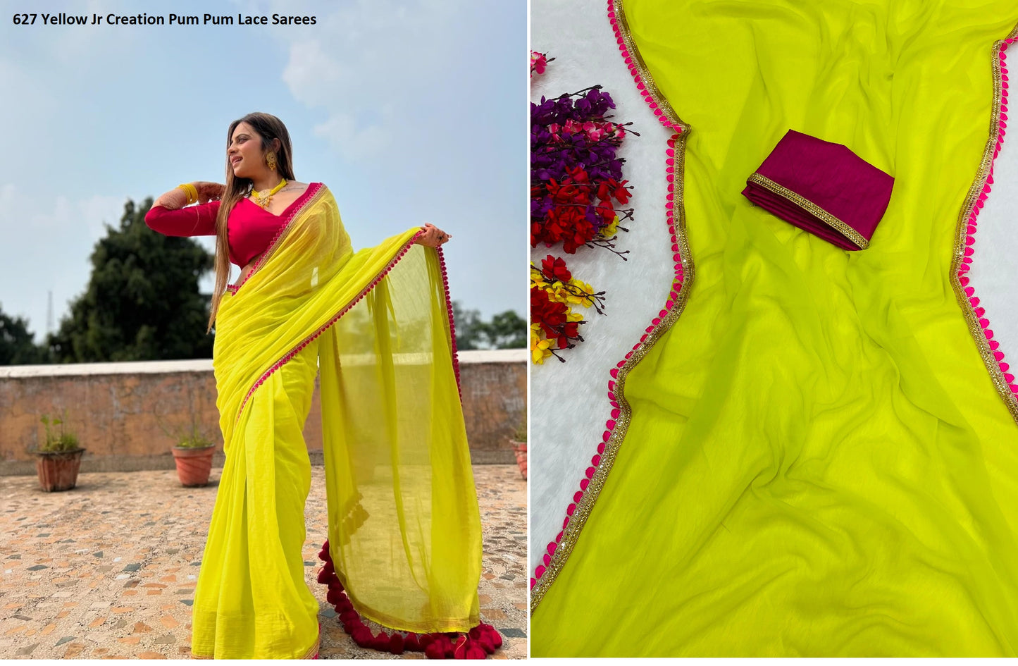 627 Yellow Jr Creation Pum Pum Lace Sarees