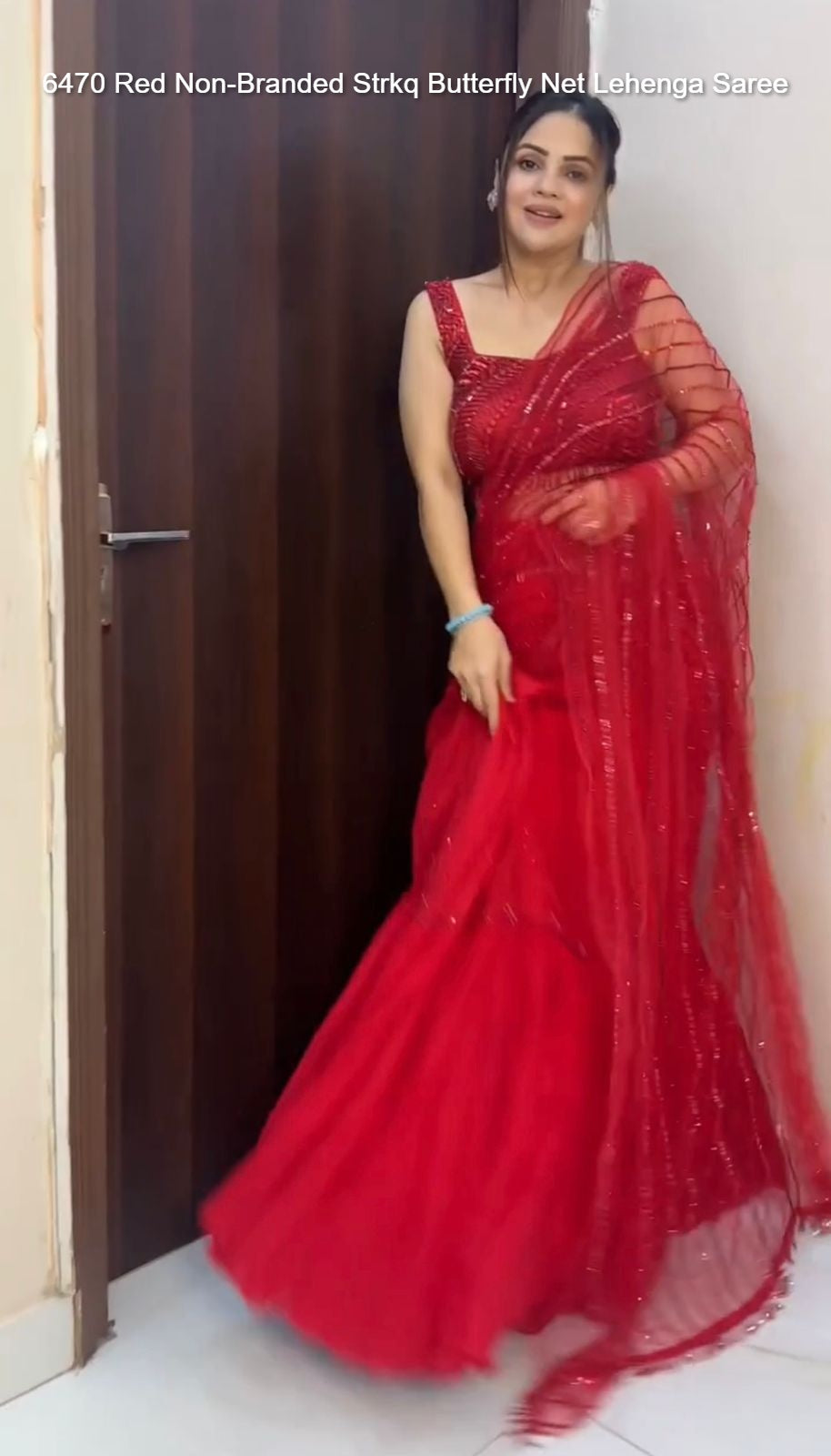 6470 Red Non-Branded Strkq Butterfly Net Lehenga Saree