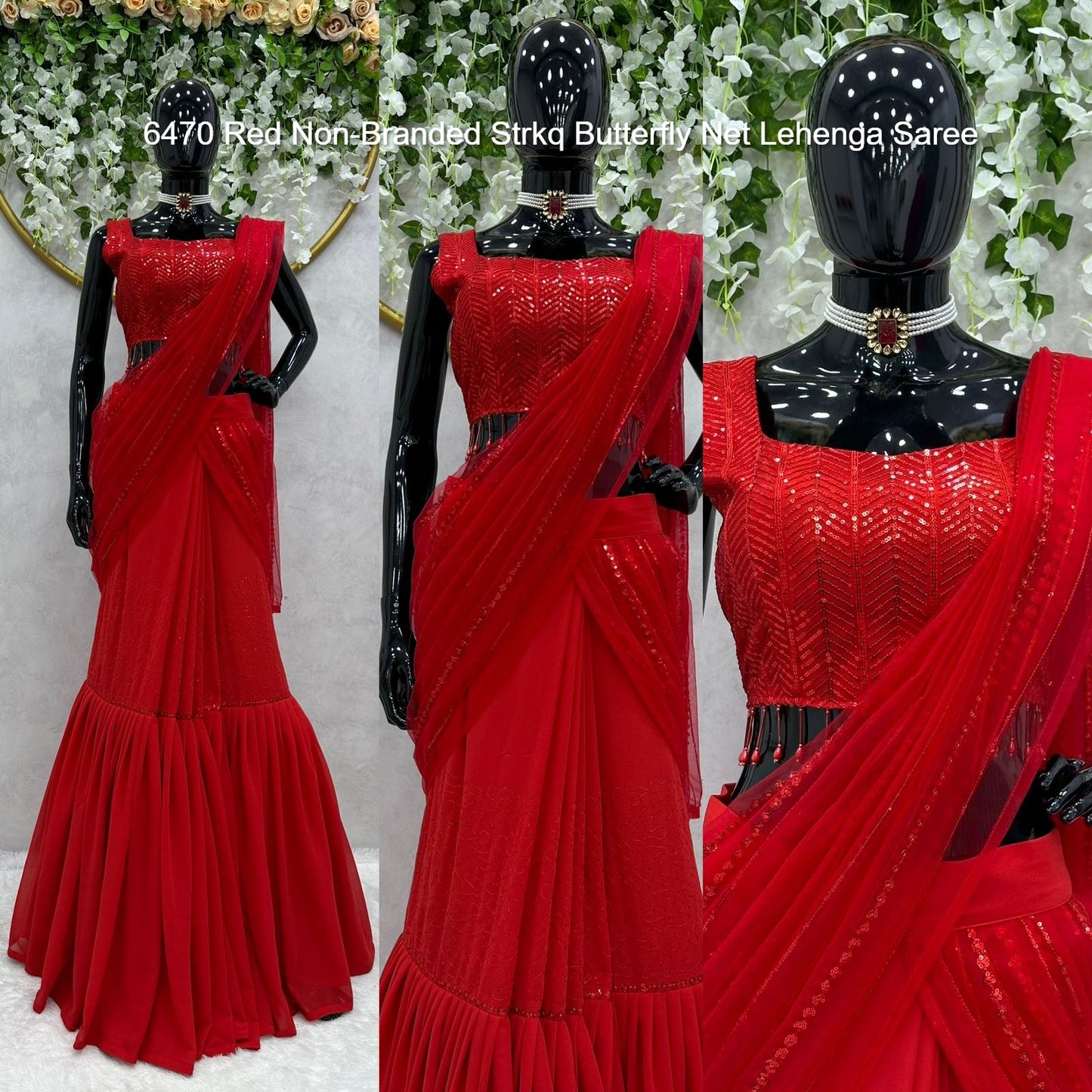 6470 Red Non-Branded Strkq Butterfly Net Lehenga Saree