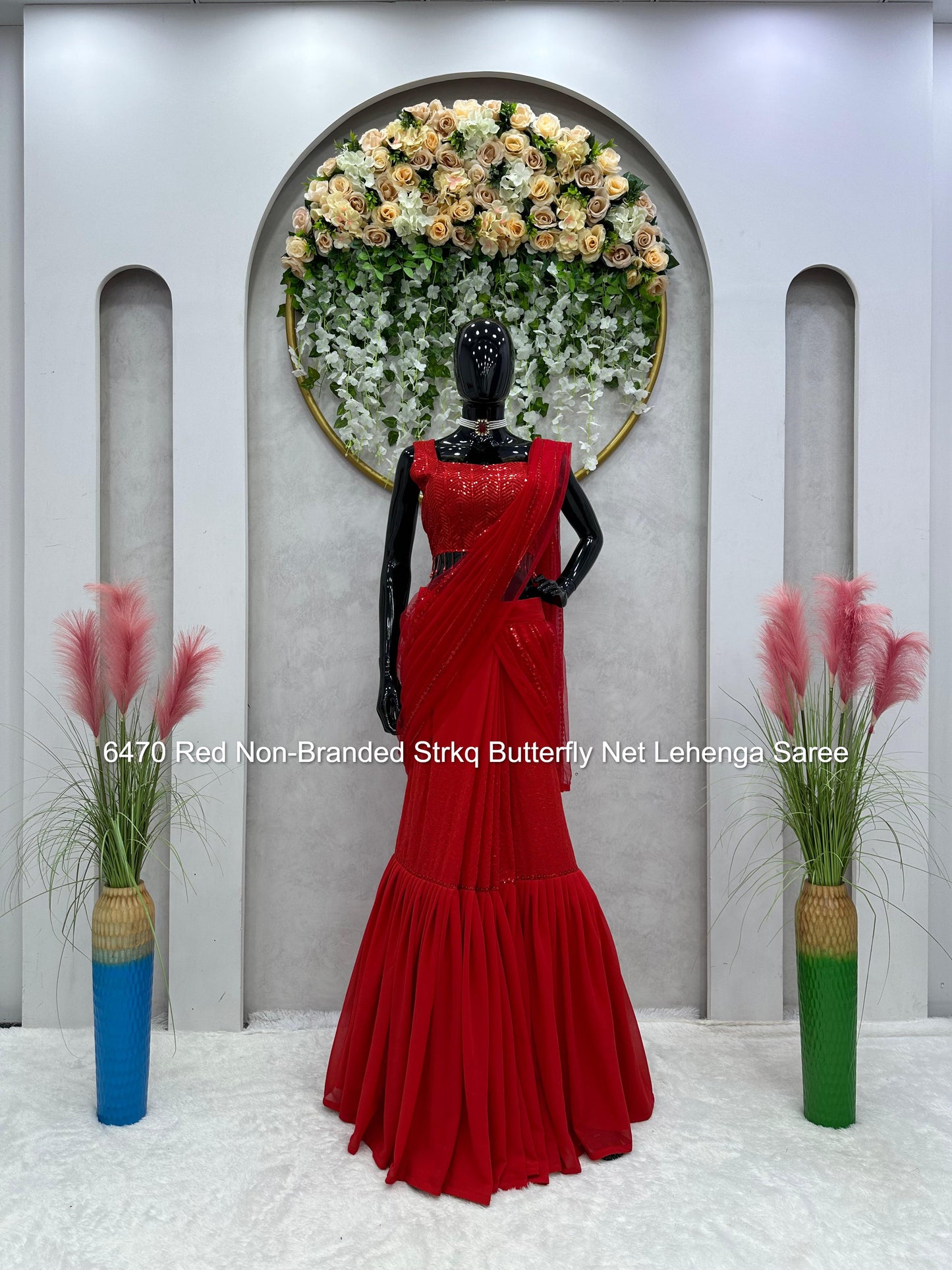 6470 Red Non-Branded Strkq Butterfly Net Lehenga Saree