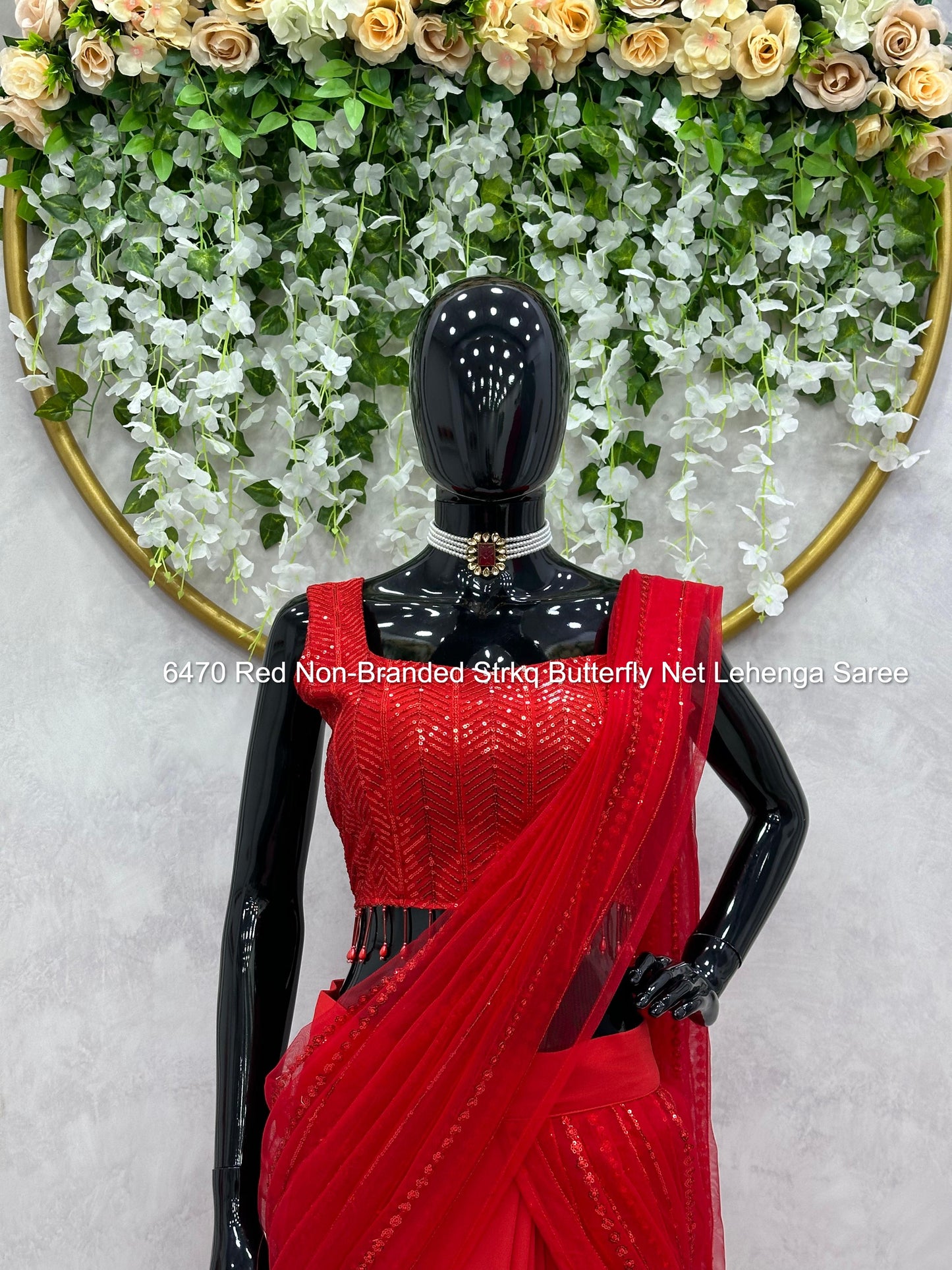 6470 Red Non-Branded Strkq Butterfly Net Lehenga Saree