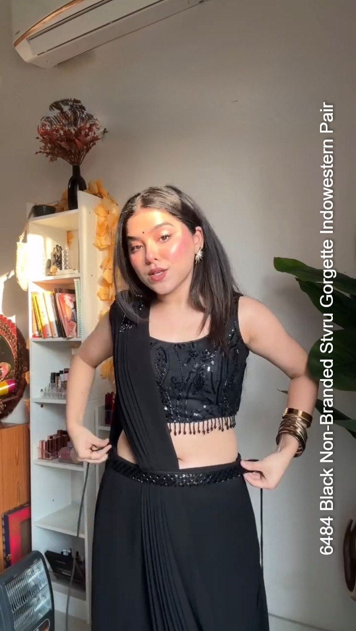 6484 Black Non-Branded Stvru Gorgette Indowestern Pair