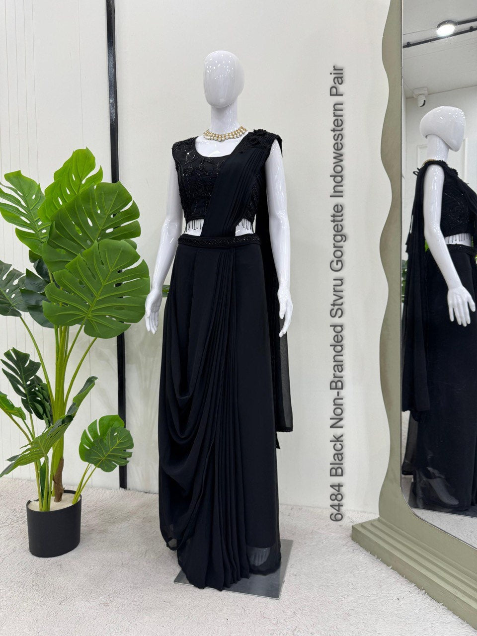 6484 Black Non-Branded Stvru Gorgette Indowestern Pair