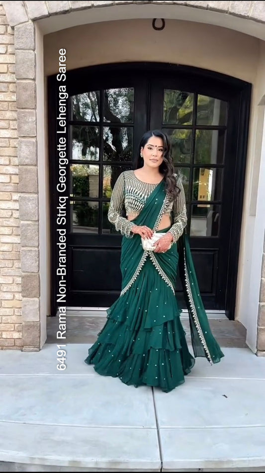 6491 Rama Non-Branded Strkq Georgette Lehenga Saree