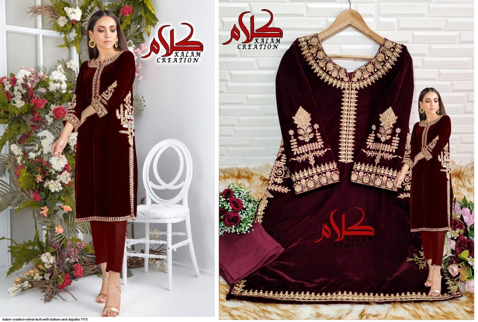 1115Maroon Kalam Creation Velvet Suits