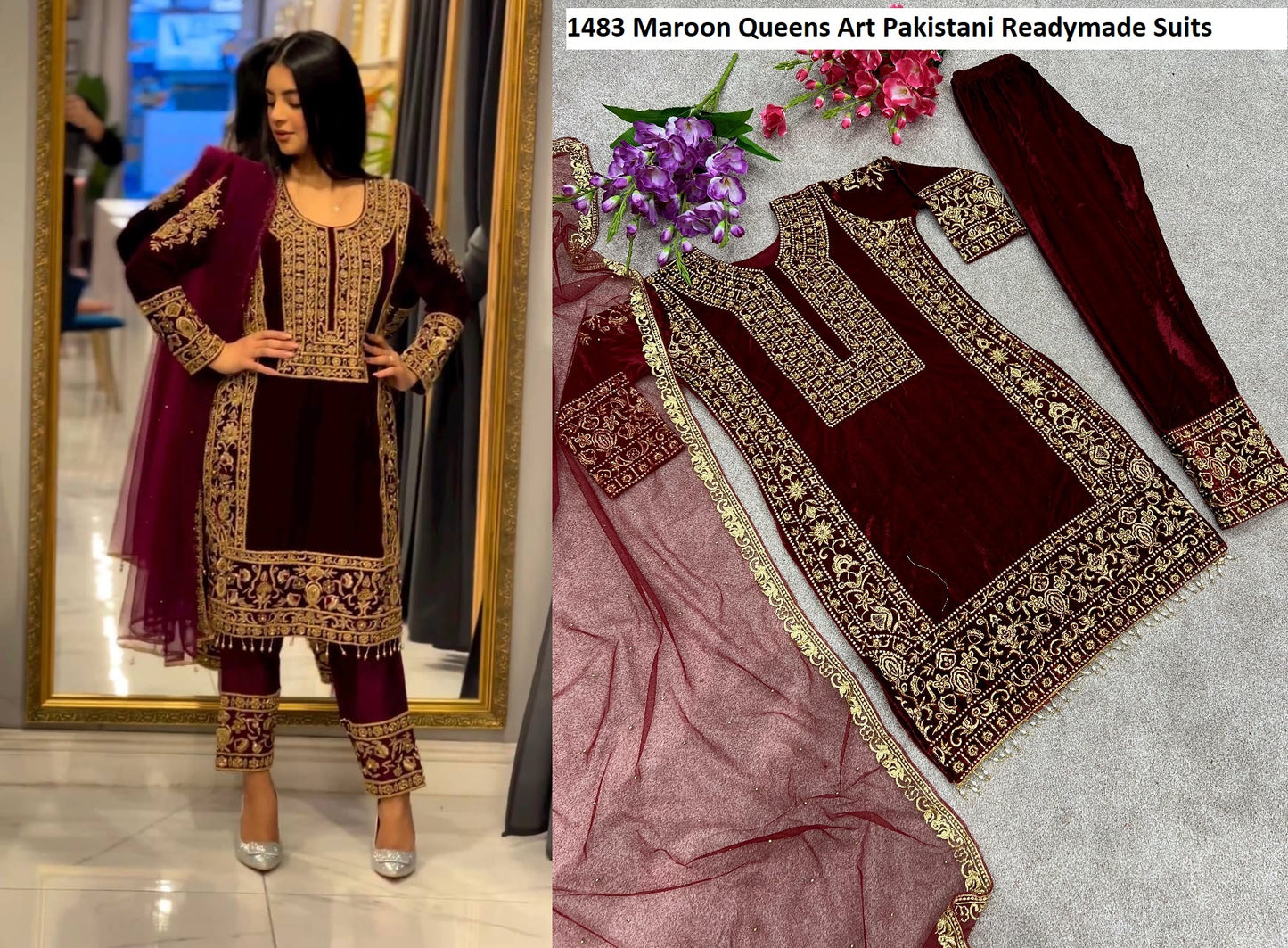 1483 Maroon Queens Art Pakistani Readymade Suits