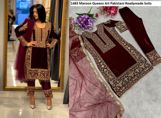 1483 Maroon Queens Art Pakistani Readymade Suits