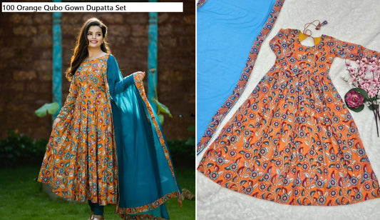 100 Orange Qubo Gown Dupatta Set