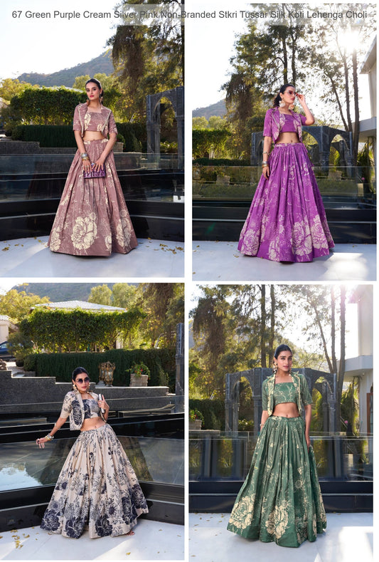 67 Green Purple Cream Silver Pink Non-Branded Stkri Tussar Silk Koti Lehenga Choli