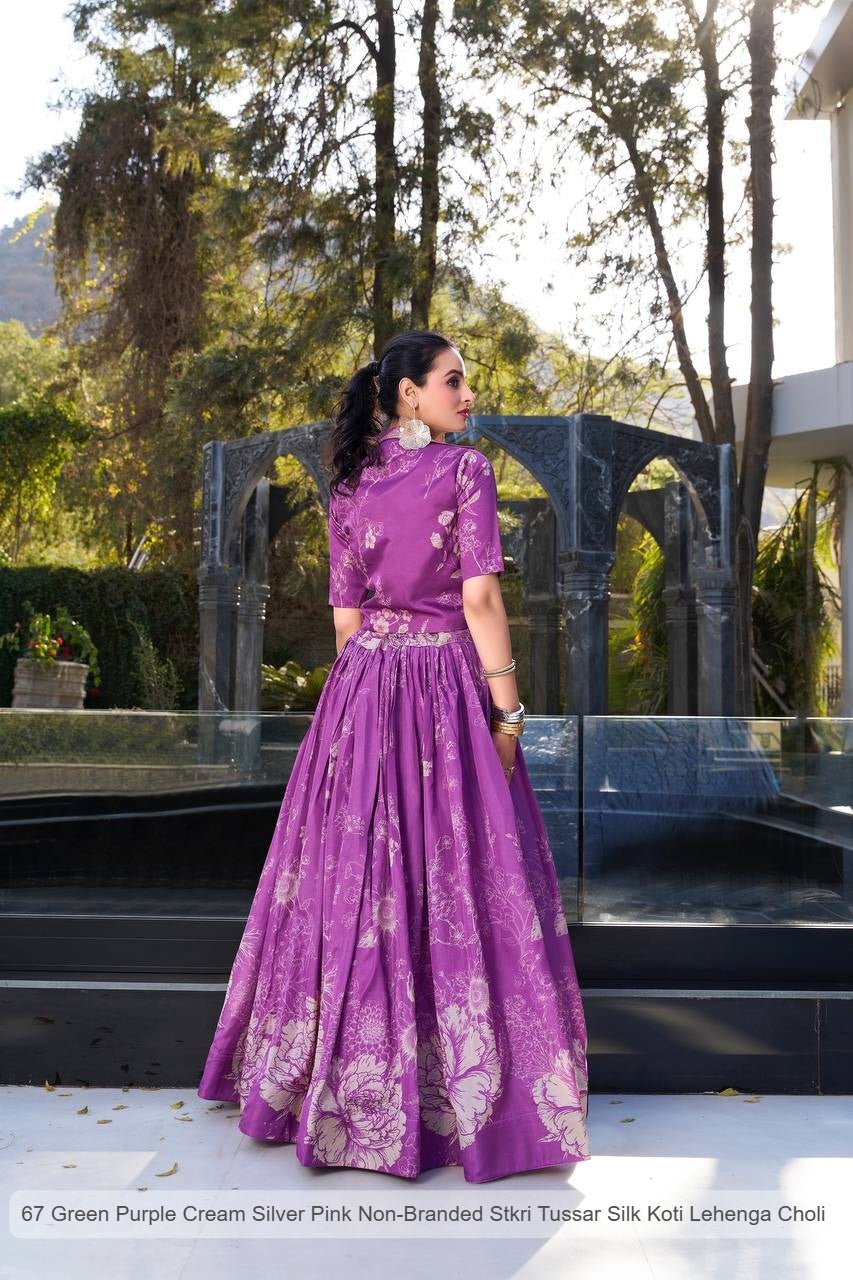 67 Green Purple Cream Silver Pink Non-Branded Stkri Tussar Silk Koti Lehenga Choli