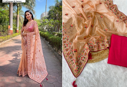 3114Orange Bt Sarees