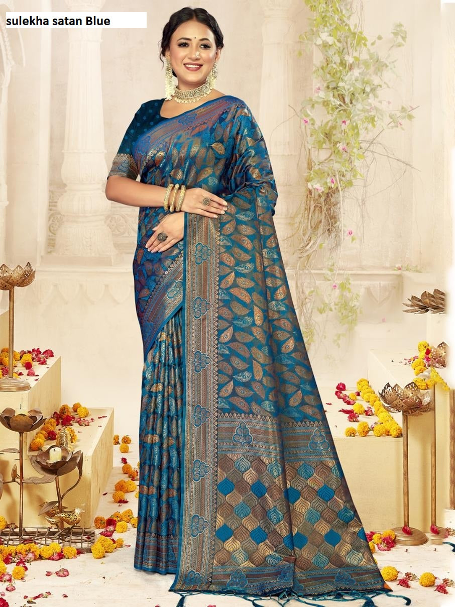 Sulekha Satan Blue Bunawat Sarees