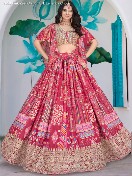 7050 Pink Zeel Chinon Silk Lehenga Choli