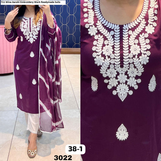 711 Wine Aarohi Embroidery Work Readymade Suits