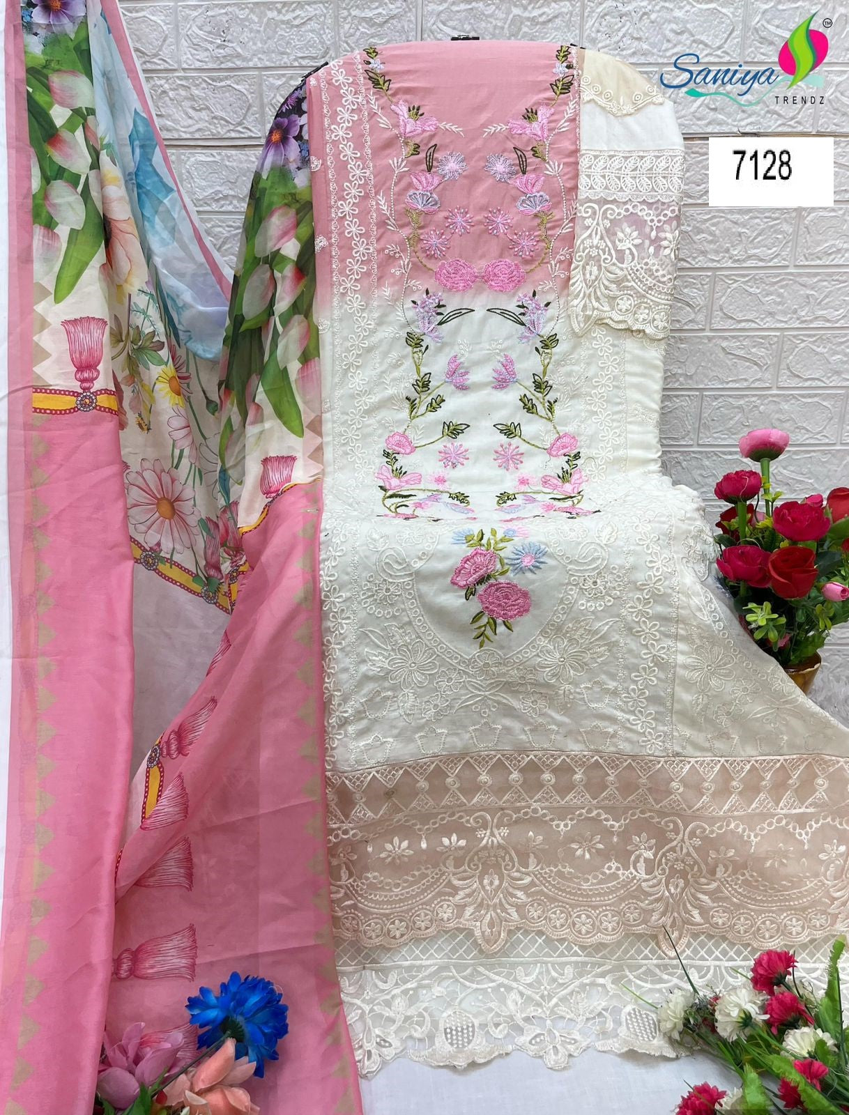7128 White Saniya Trendz Embroidery Pakistani Salwar Suits