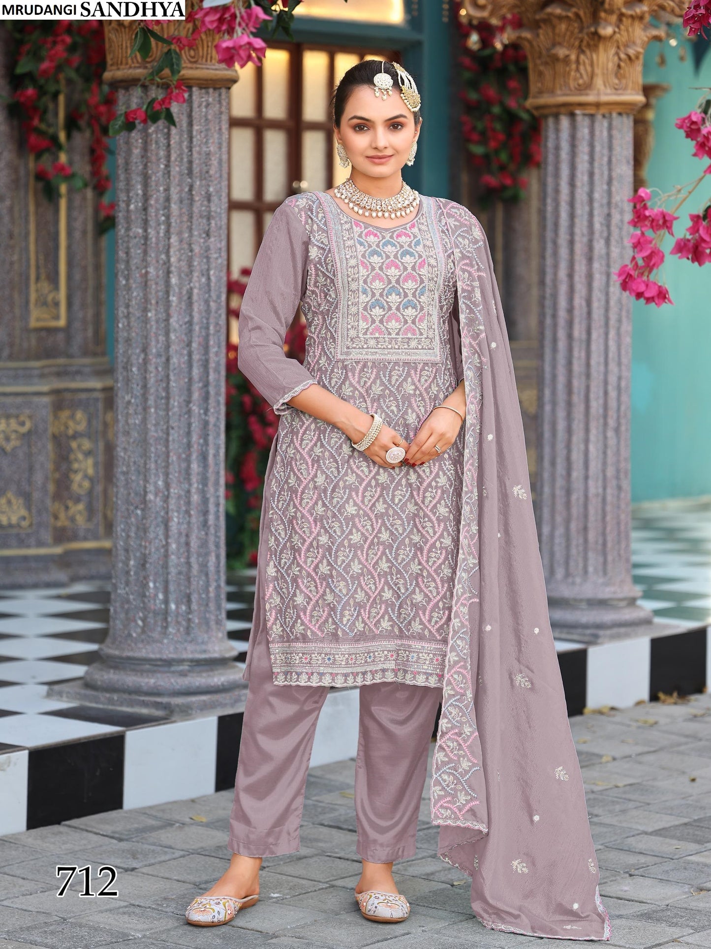 712 Sandhya Mrudangi Chinon Silk Readymade Suits