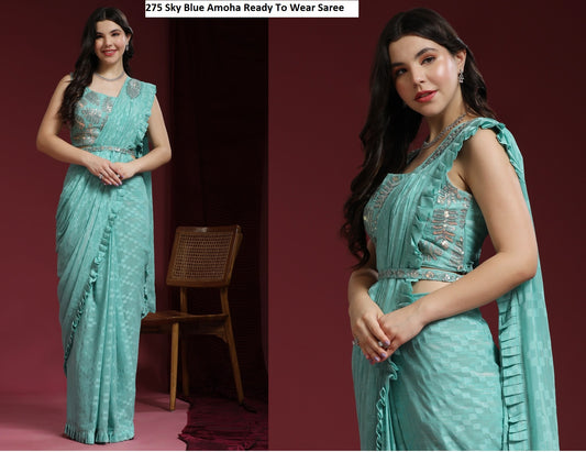 275Sky Blue Amoha Ready To Wear Saree