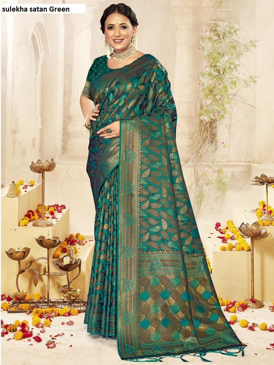 Sulekha Satan Green Bunawat Sarees