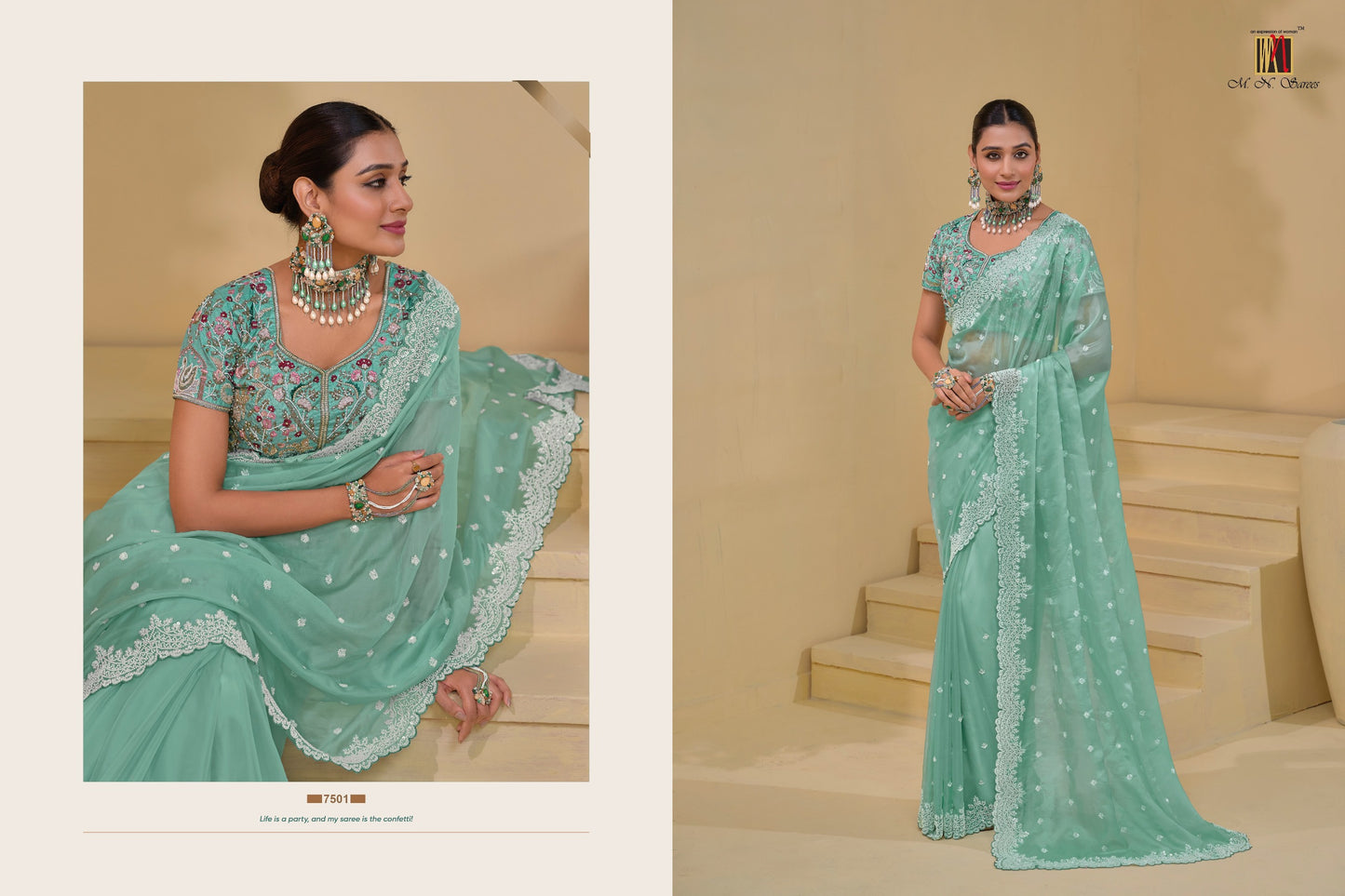 7501 Mn Mirror Work Sarees