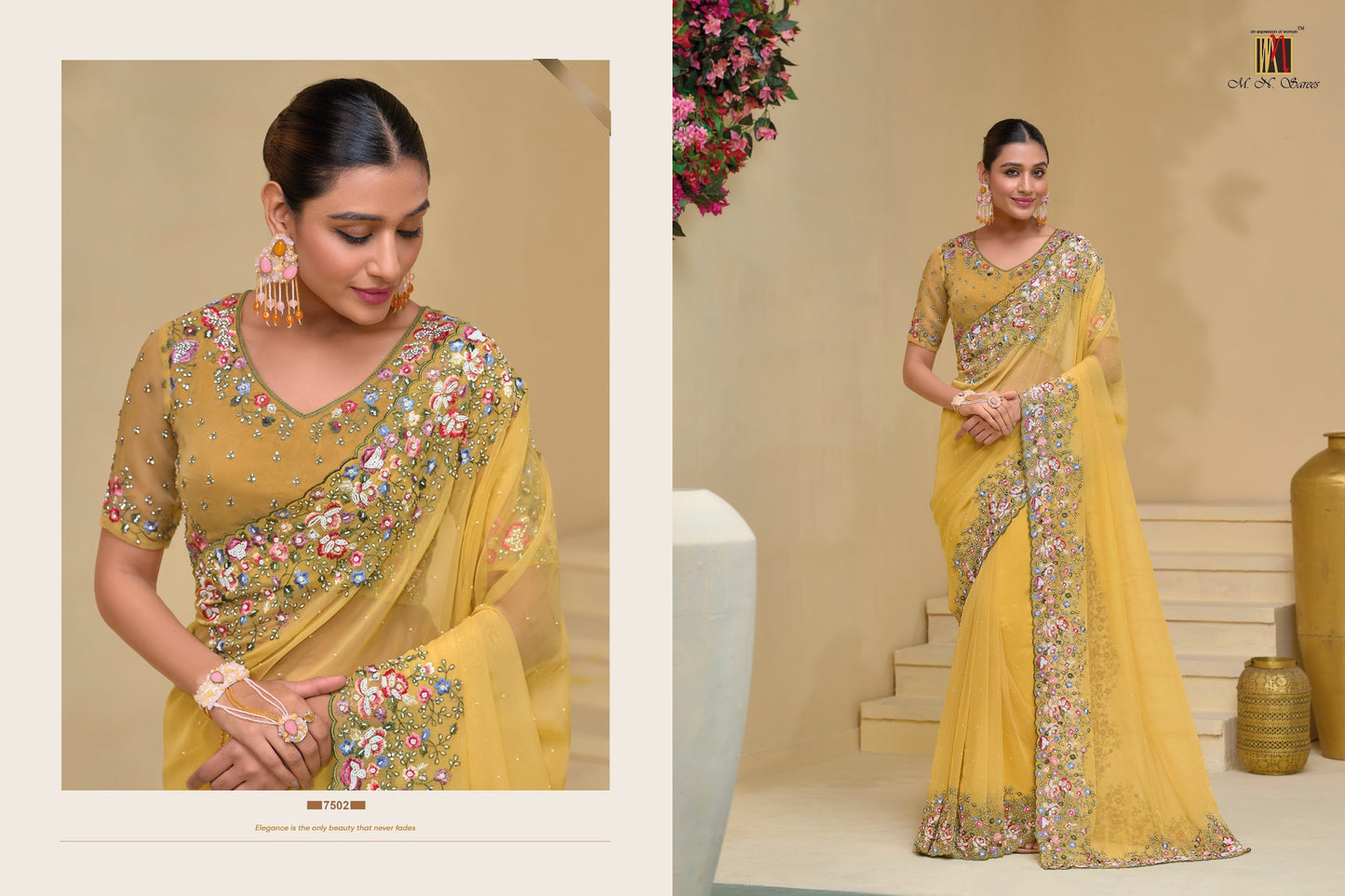 7502 Mn Mirror Work Sarees