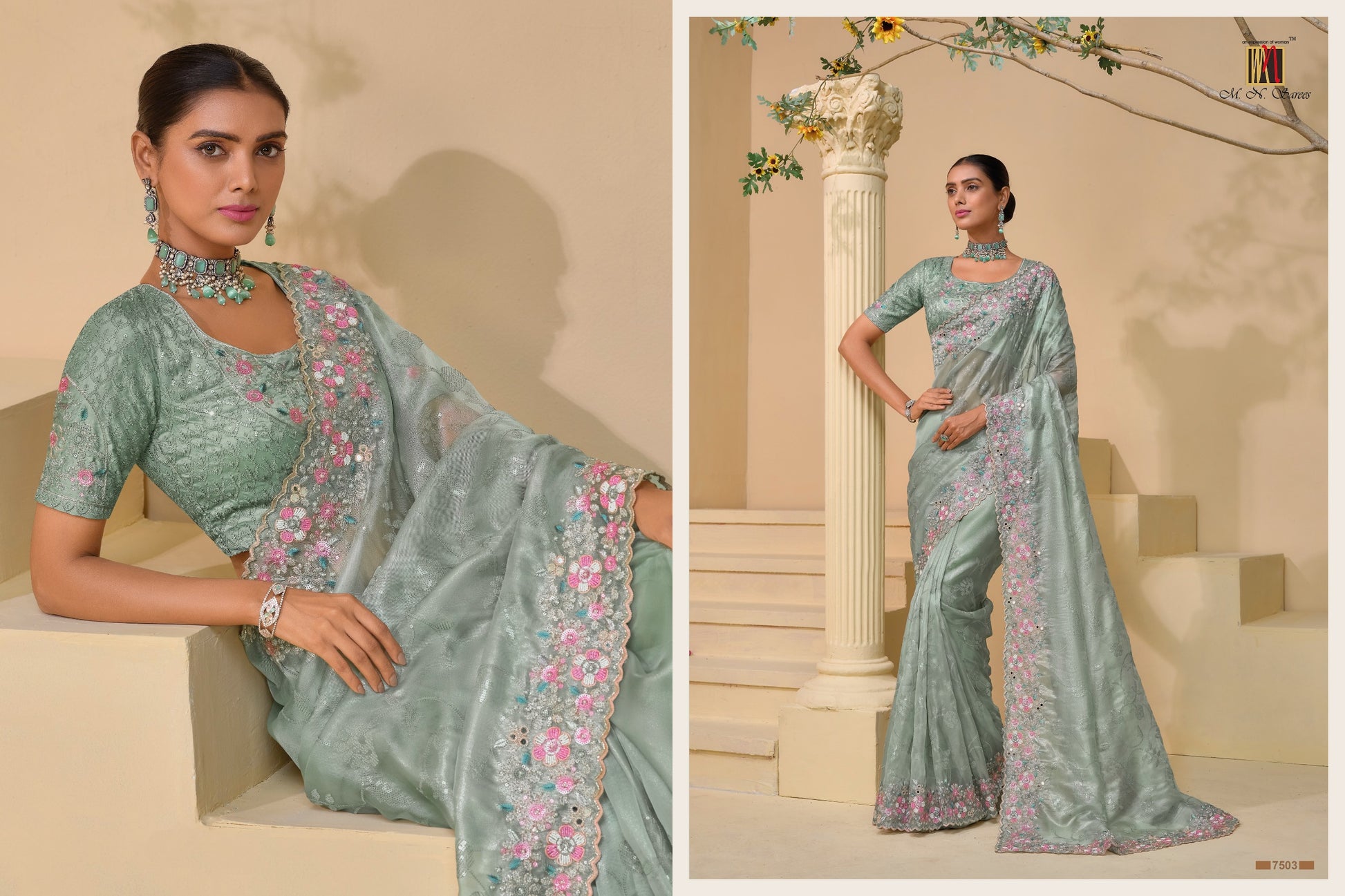 7503 Mn Mirror Work Sarees