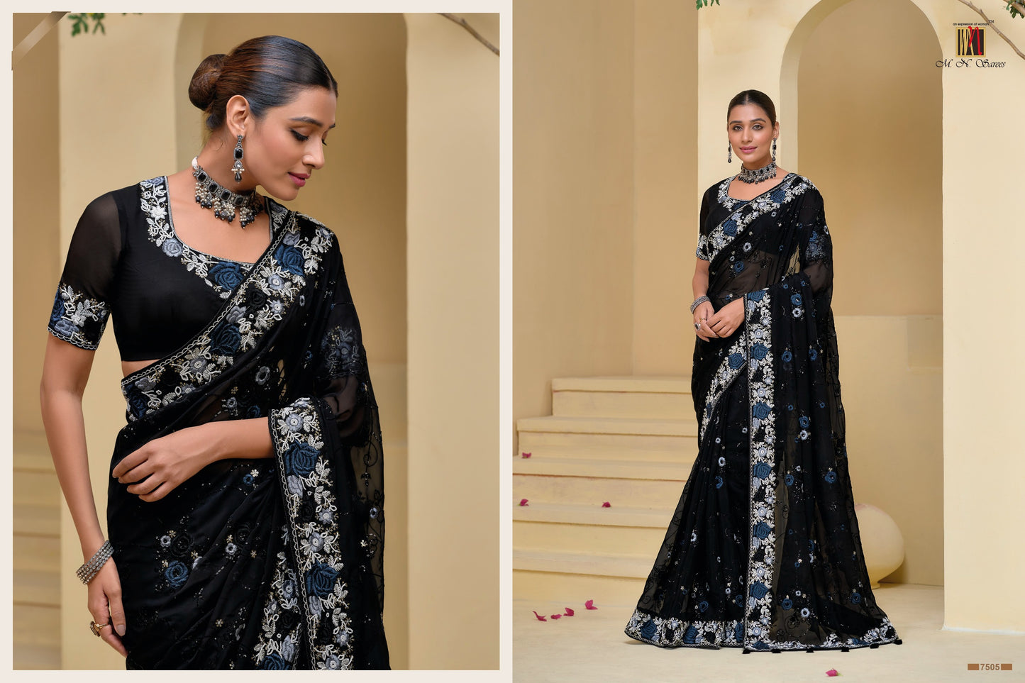 7505 Mn Mirror Work Sarees