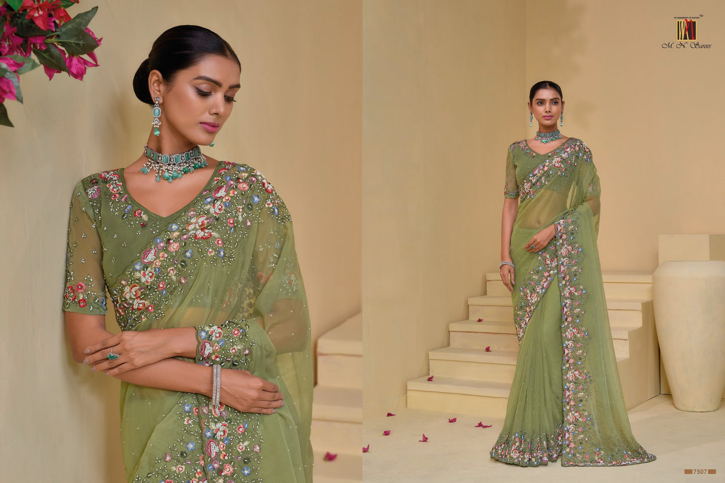 7507 Mn Mirror Work Sarees