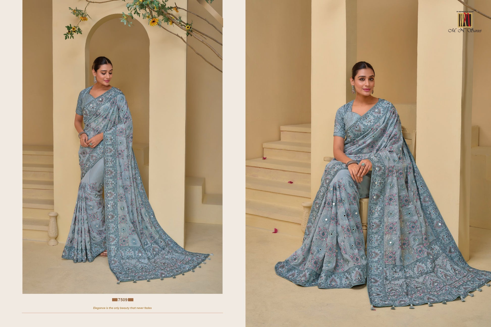 7509 Mn Mirror Work Sarees