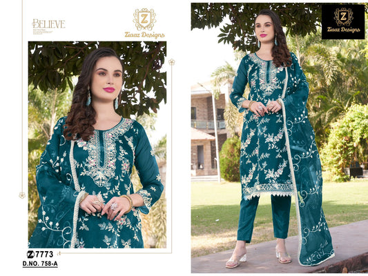 758A Ziaaz Designs Organza Pakistani Salwar Suits