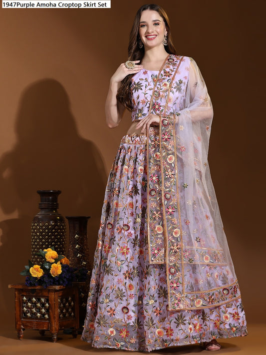 1947Purple Amoha Croptop Skirt Set