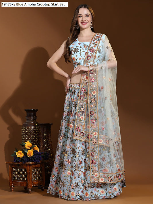 1947Sky Blue Amoha Croptop Skirt Set