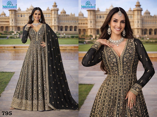 795 Zara Mrudangi Real Chinon Silk Gown Dupatta Set