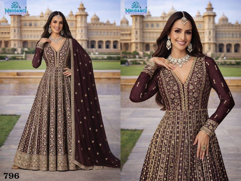796 Zara Mrudangi Real Chinon Silk Gown Dupatta Set