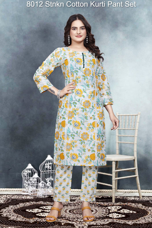 8012 Stnkn Cotton Kurti Pant Set