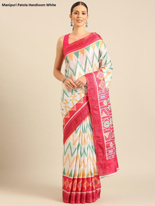 Manipuri Patola Handloom White Bunawat Sarees