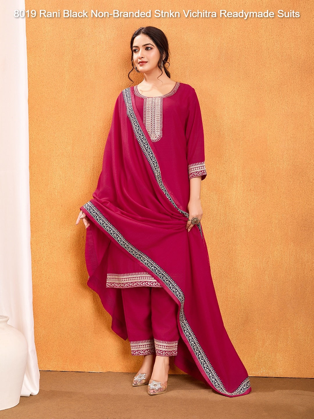8019 Rani Black Non-Branded Stnkn Vichitra Readymade Suits