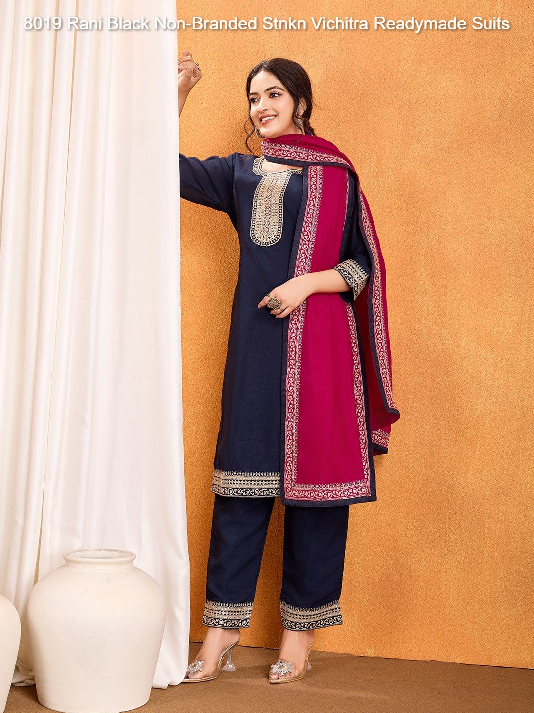 8019 Rani Black Non-Branded Stnkn Vichitra Readymade Suits